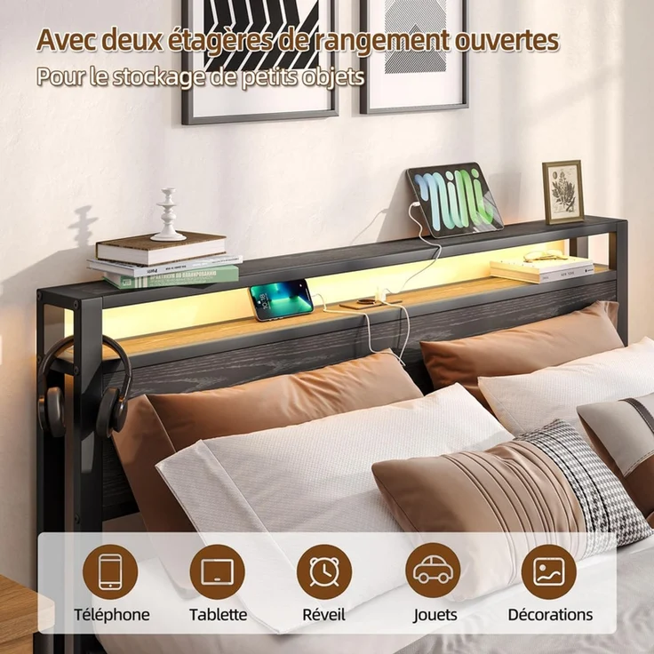 Homerecommend Metallbett 140x200 cm, Doppelbett und Jugendbett, mit LED-Beleuchtung, Steckdose und 2 USB-Anschlüssen, Vintage Schwarz – Bild 5