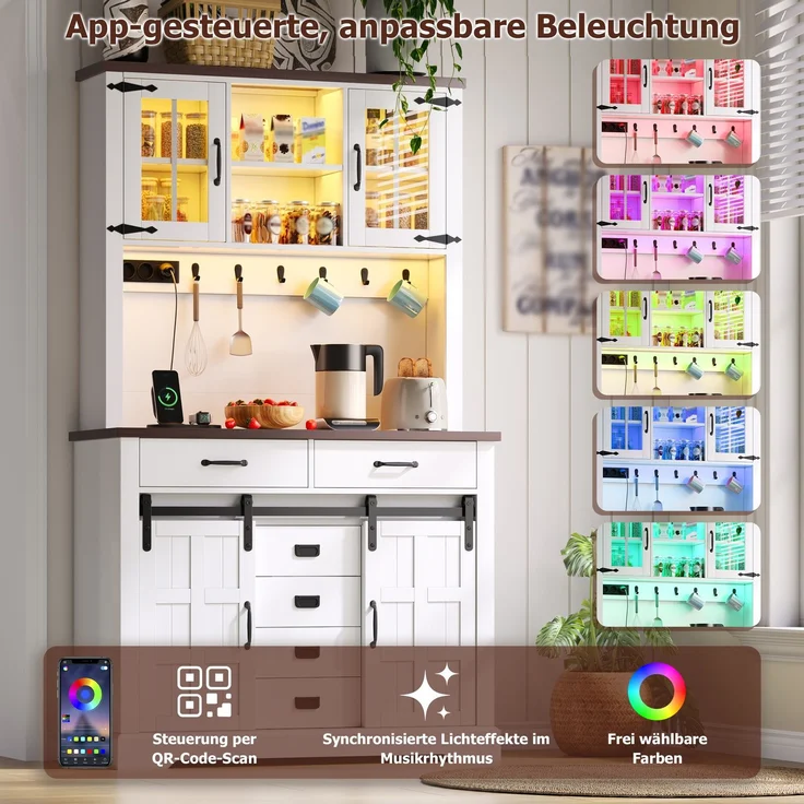 Küchenschrank, Buffetschrank, Sideboard mit Steckdose und LED-Beleuchtung, Küchenmöbel mit Arbeitsplatte, 6 Schubladen, verstellbare Einlegeböden, Haken, 180 × 108 × 40 cm, Weiß – Bild 3