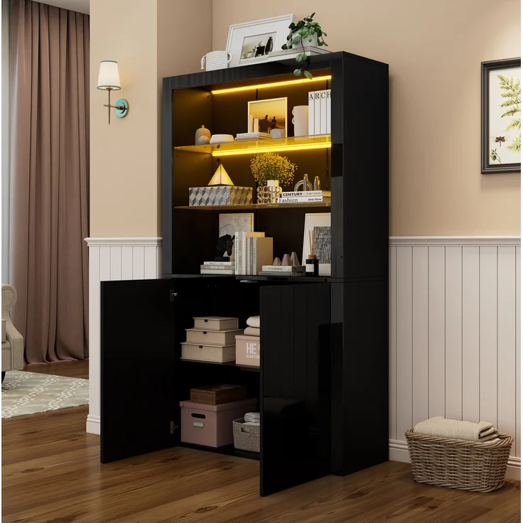 DESVIAE Hochschrank mit LED-Beleuchtung 100x170x35 cm MDF, Glas und Spanplatte Schwarz – Bild 3