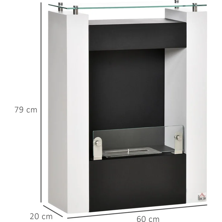 JARDJ Bioethanol-Kamin mit 0,9-Liter-Brenner und Ablagefläche aus gehärtetem Glas, 60 x 20 x 79 cm, Stahl, schwarz-weiß – Bild 5