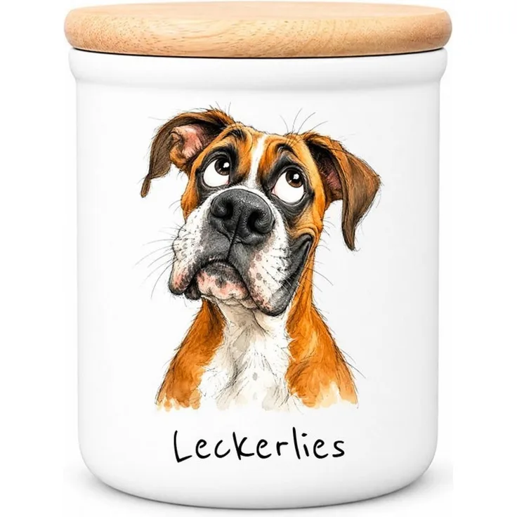 Cadouri Vorratsdose BOXER - Leckerlidose Hund - für Hundekekse, Keramik, (Leckerlidose mit Hunderasse, 2-tlg, 1x Keramikdose mit Holzdeckel), Hundekeksdose, handgefertigt in Deutschland, für Hundebesitzer, 400 ml