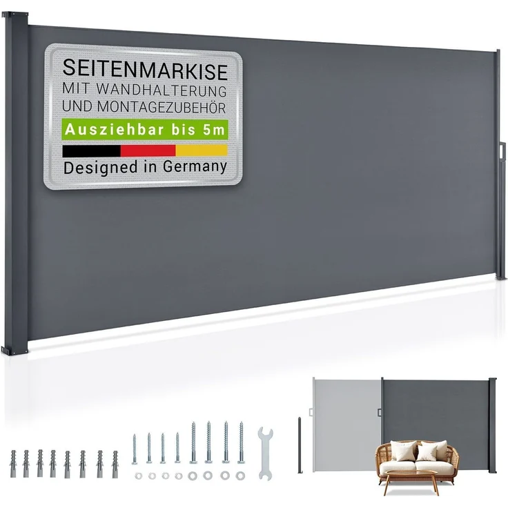 Juskys Seitenmarkise Dubai 500 x 190 cm ausziehbar blickdicht, Sichtschutz für Balkon & Terrasse, Seitenrollo Wandhalterung – anthrazit – Bild 1