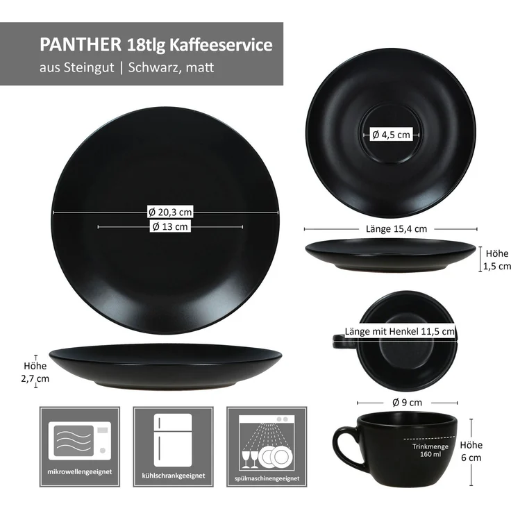 18tlg Kaffeeservice Panther schwarz Steingut 6 Personen – Bild 7