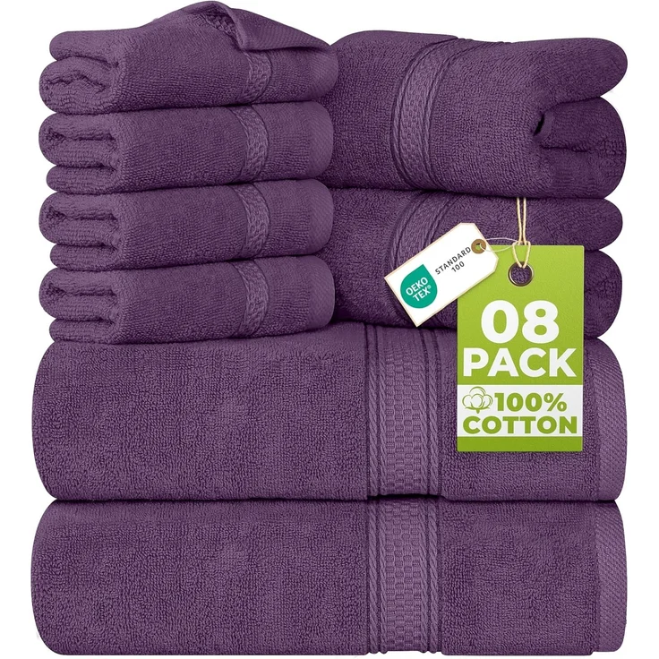 Utopia Towels - 8 teilig Handtücher Set aus Baumwolle mit Aufhänger - 2 Badetuch, 2 Handtücher und 4 Washclappen - (Pflaume)
