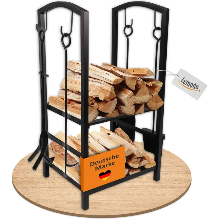 Kaminholzregal mit 4 teiligem Kaminbesteck, Metallregal, Brennholzregal