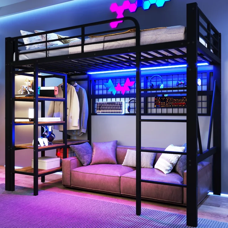 EINHOM Hochbett, 90 x 200 cm, Eisenrahmen, Ablagefach, Netz zum Aufhängen von Gegenständen, mit Kleiderstange, Offener Raum unter dem Bett, mit LED-Lichtleiste, Schwarz (Ohne Matratze) – Bild 1