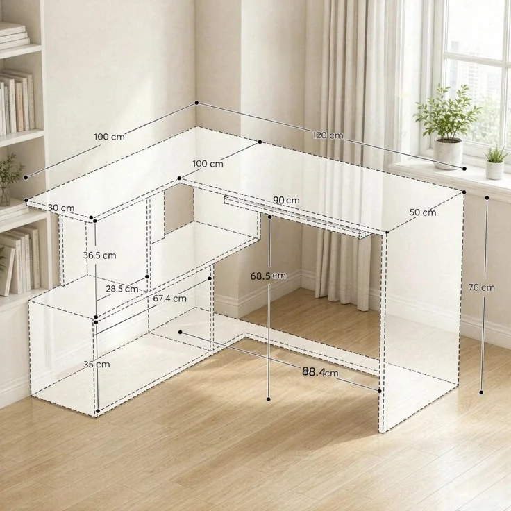 Eckschreibtisch mit Tastaturauszug und 4 Fächern, 120x100x76 cm, Weiß – Bild 5