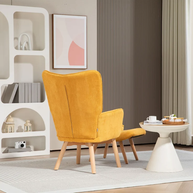 Ohrensessel mit Hocker, Relaxsessel, Polstersessel in Kordoptik, Loungesessel, Armlehnstuhl mit Holzbeine, Fernsehsessel für Wohnzimmer, Orange--Orange--72x80x101cm--YOUDENOVA – Bild 7