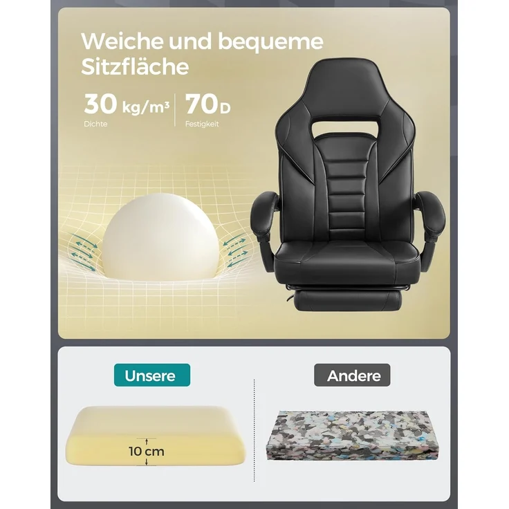Songmics Bürostuhl, Schreibtischstuhl, ausziehbare Fußstütze, Kopfkissen, Lendenkissen, höhenverstellbar, ergonomisch, neigbare Rückenlehne, bis 150 kg belastbar, tintenschwarz OBG073B05 – Bild 8