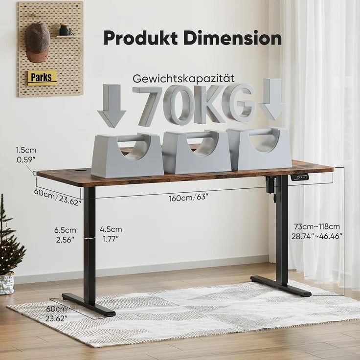Sweetcrispy Höhenverstellbarer Schreibtisch mit Monitorständer, 160x60 cm Schreibtisch Höhenverstellbar Elektrisch, Ergonomischer Steh-Sitz Tisch, Computertisch Standing Desk, Vintagebraun – Bild 3