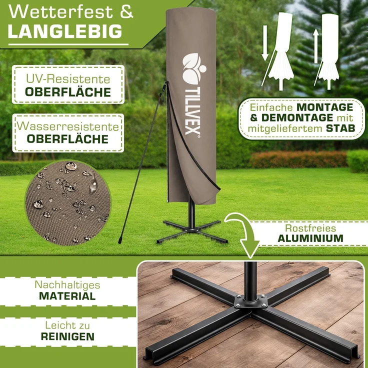 tillvex® Alu Sonnenschirm Rechteckig Ø 330 cm mit LED Solar Cappuccino + Abdeckung mit Kurbel | Ampelschirm mit Ständer & Windschutz | Gartenschirm UV-Schutz, wasserdicht, 360° drehbar | Kurbelschirm Marktschirm – Bild 4