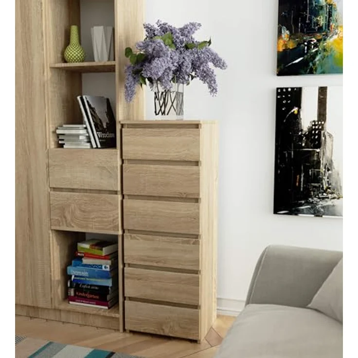 Home Collective Kommode 40 cm breit Holz Highboard Sideboard für Flur Schlafzimmer Wohnzimmer (Mehrzweckschrank Schrank schmal Kommode Schlafzimmer mit Schubladen), mit sechs Schubladen 10 cm hoch viel Stauraum, sonoma – Bild 6