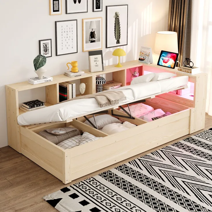 Multifunktionsbett 90×200 cm mit Bettkasten, LED-Lichtleiste und Steckdose, Holzfarbe, ohne Matratze
