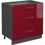 Küchenunterschrank Fame-Line Bordeaux Hochglanz 80 cm mit 3 Schubladen, ohne Arbeitsplatte Vicco