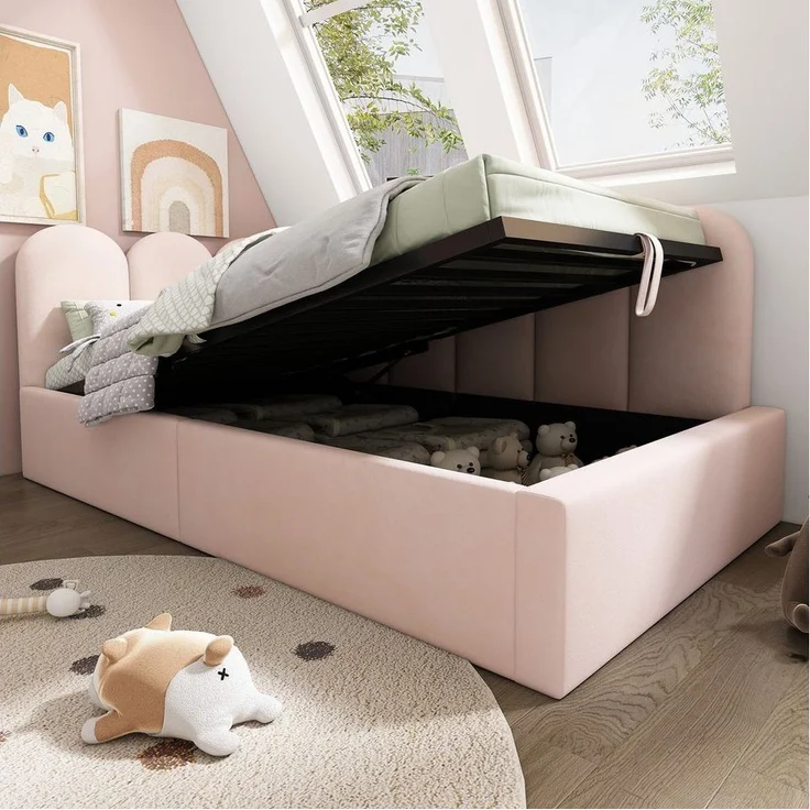 Odikalo Stauraumbett Kinderbett Polsterbett Tagesbett Schlafsofa Samt 90x190/200 Beige/Rosa – Bild 5
