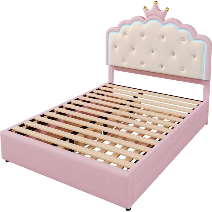 Prinzessinbett mit LED-Beleuchtung, Gästebett und Schubladen, Mädchenbett, Polsterbett für Mädchen, Doppelbett, Kunstleder, 140x200cm – Bild 9