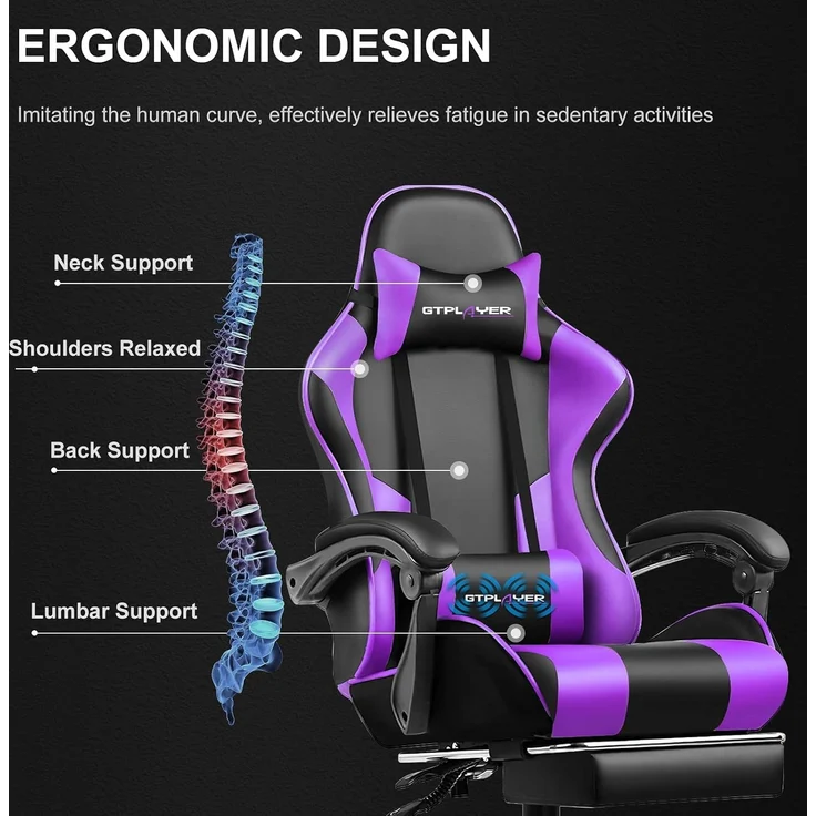 GTPLAYER Bürostuhl Gaming Stuhl Massage Gaming Sessel Ergonomischer Gamer Stuhl mit Fußstütze, Gepolstert Gaming Chair, Drehsessel 150KG, lila – Bild 4