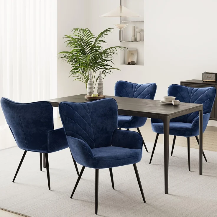 COLAMY Esszimmerstühle mit Armlehnen 4er Set, Stühle Esszimmer mit Rückenlehne, Polsternder Küchenstühle Gepolstert mit Wingback, Dining Chairs mit Holzbeinen für Esszimmer, Küche, Restaurant, Blau