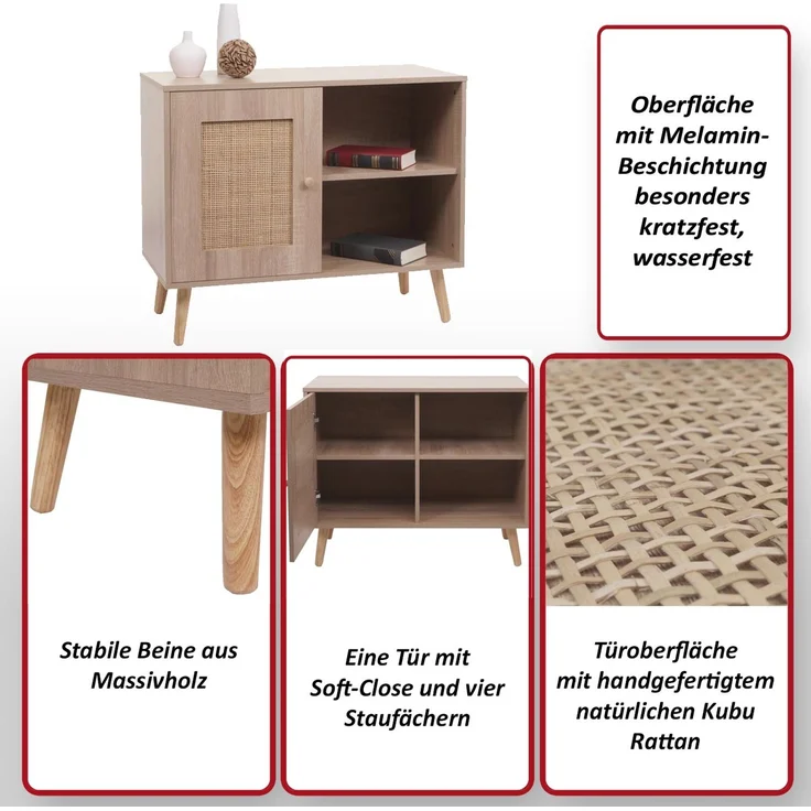 Kommode HWC-M39, Schrank Highboard, Staufach, Kubu Rattan Holz Melamin, 67 x 80 x 38 cm Eiche-Optik – Bild 2