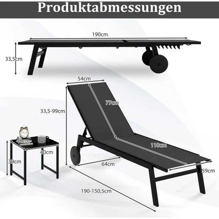 COSTWAY Gartenliege, 2 St, Liegestuhl-Set verstellbar mit Tisch, Rollen – Bild 4