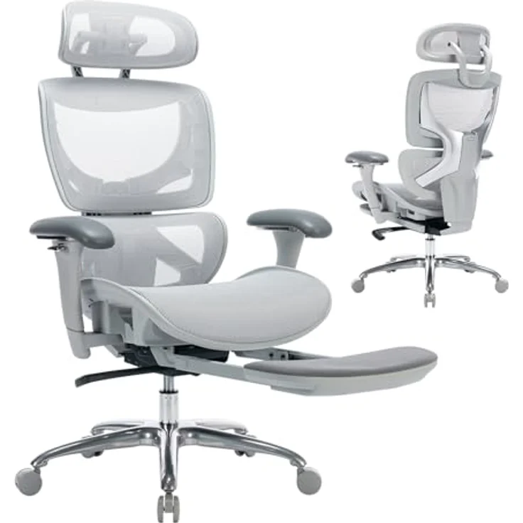 COLAMY Ergonomischer Bürostuhl mit Fußstütze, 3D-Armlehnen, Kopfstütze, Lendenwirbelstütze & Atmungsaktives Mesh – Schreibtischstuhl für Büro & Home Office, Grau – Bild 2