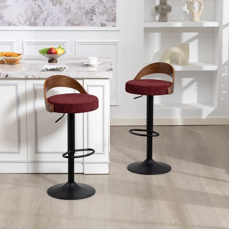 LVHOM Barstuhl 2er Set, 360° drehbarer Barhocker mit Rückenlehne und Fußstütze, höhenverstellbarer Tresenhocker aus Bugholz & Leinenstoff, Weinrot – Bild 7
