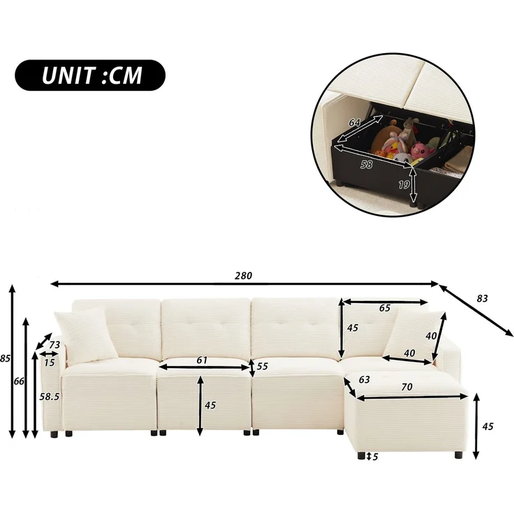 Merax 280cm Großes Sofa, 4-Sitzer Corduroy Sofa, mit Stauraum unter den Sitzflächen, inklusive eines frei platzierbaren Hockers, Beige – Bild 4