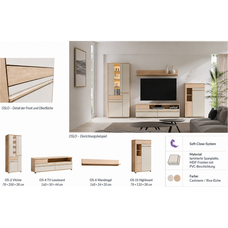 OSLO Wohnwand Set A 4-teilig, Cashmere/Riva, Breite 316 cm – Bild 4