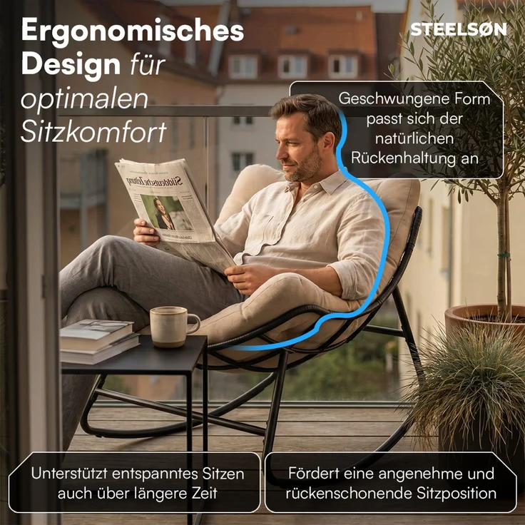 STEELSØN 'Veldora' Schaukelstuhl, schwarzes Polyrattan, Kissen beige, ergonomischer Relaxsessel, bis 125kg, XXL Schaukelsessel 75×100×65 cm – Bild 3