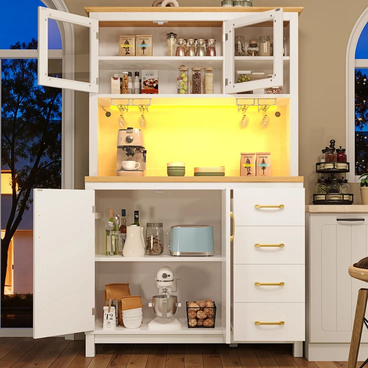 EINHOM Seitenboard / Aufbewahrungsschrank / Küchenschrank / Buffetschrank, 105.5 x 40 x 180 cm, Landhausstil, 4 Türen, mit LED-Lichtleiste & Getränkehaltern, Grün/Schwarz/Weiß, Weiß – Bild 5