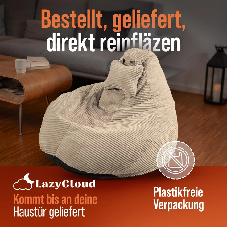 LazyCloud Sitzsack für Erwachsene mit integrierter [Nackenstütze] Cord | XXL Indoor Bean Bag mit Füllung | perfekt als Chill-, Lese- oder Gaming Sessel (90 x 80 x 70 cm) (Sandbeige) – Bild 4