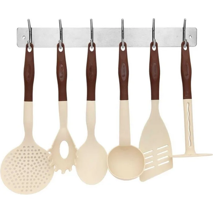 Lantelme Kochbesteck-Set Kochbesteck braun-beige (7-tlg), Küchenhelfer mit Hakenleiste