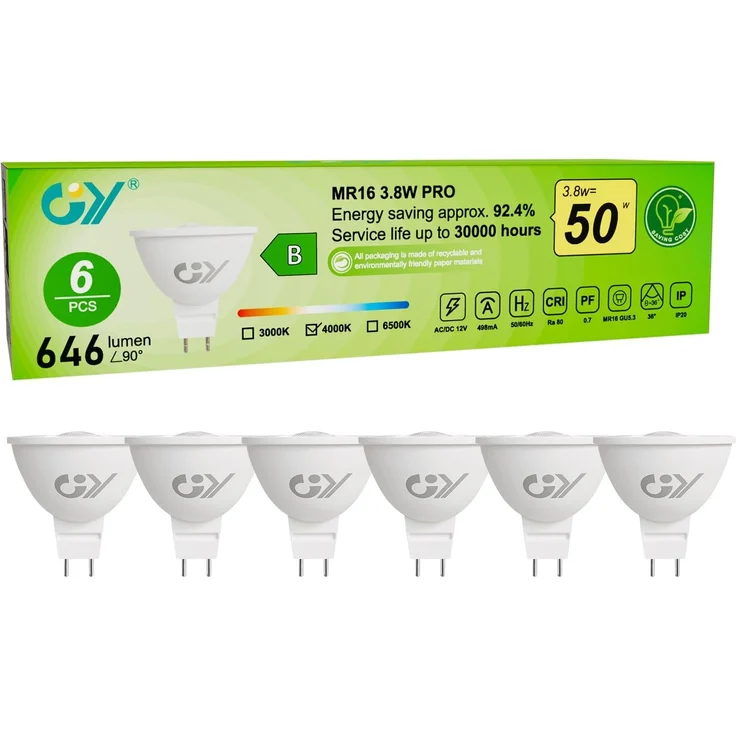 GY GU5,3 LED Neutralweiss Lampe,MR16 3,8W 4000K 646 Lumen Neutralweiß Glühbirnen,Ersetzt 50W Leuchtmittel,36° Abstrahlwinkel Spot Strahler,Enegiesparende Nicht Dimmbar Reflektor Lampen,6 stück