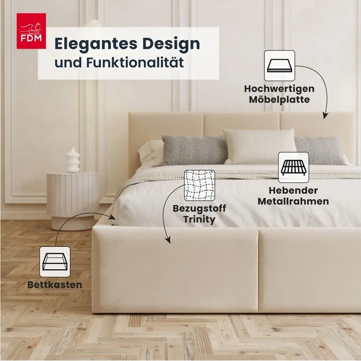 FDM Polsterbett BELORA modern mit Bettkasten MADE IN EU - mit Trinity Velours Bezug (verfügbar 90x200 120x200 140x200 160x200 180x200cm, Bettrahmen, Bett, mit großen gepolsterten Kopfteil, mit Bettkasten zum aufklappen), Hebbarer Metallrahmen, Bettkast...
