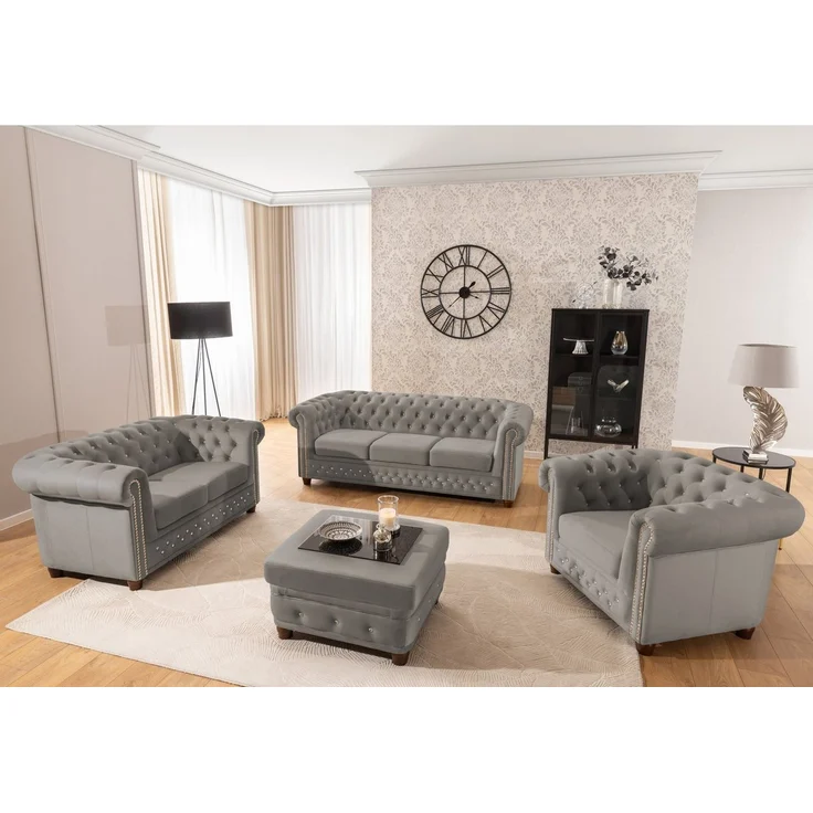 S-Style Möbel Polstergarnitur Chesterfield 3+2+1 Cleo Blink aus Samt mit Kristallsteppung, (1x 3-Sitzer-Sofa, 1x 2-Sitzer-Sofa, 1x Sessel), mit Wellenfederung – Bild 1