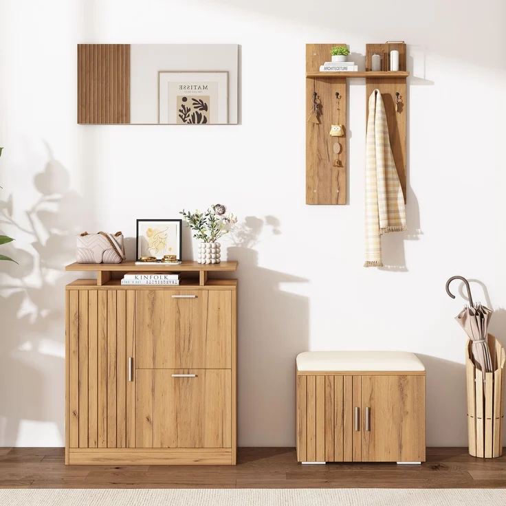 Flur-Garderoben-Set, Wandgarderobe; Garderoben-Set mit Schuhbank und Schuhschrank, 1 Spiegel, 4 Haken, 5 Türen, natural, B140× T35 × H133 cm--Natürlich--140x35x133cm--YOUDENOVA – Bild 9