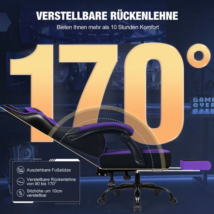 Hiazurm Gaming-Stuhl Gaming Stuhl Chair Gamer Sessel - Ergonomischer Gamer Stuhl (Tragkraft 150 Kg), Gamingstuhl mit Fußstütze Kopfstütze und Lordosenstütz PC Sessel – Bild 3