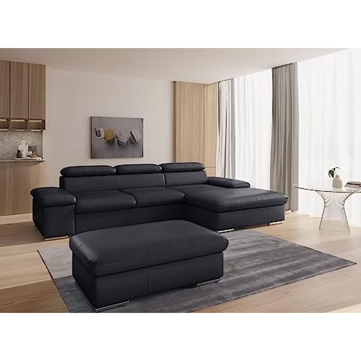 CAVADORE Leder-Ecksofa Valerie mit XL-Longchair / Eckcouch mit Kopfteilverstellung, großem Longchair + Metallfüßen / 286 x 73 x 174 / Echtleder Schwarz – Bild 2