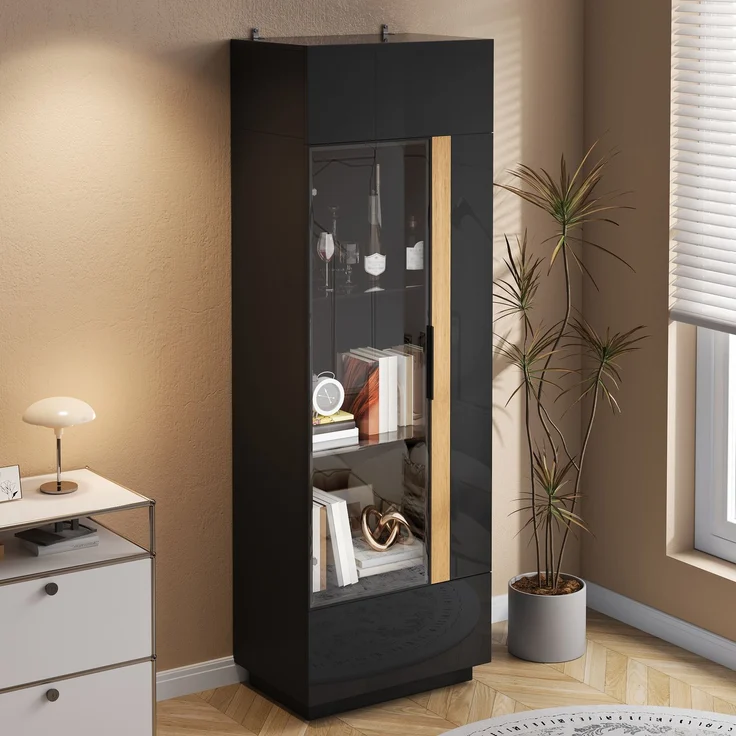 ZUBALIYA Vitrine (60 x 40 x 180 cm), LED - Beleuchtung, Glastüren, Aufbewahrung für Sammlerstücke, Geschirr und Dekoration, Schwarz – Bild 5