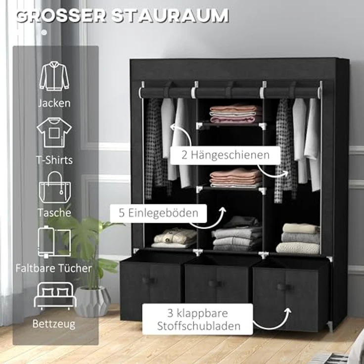 HOMCOM Stoffschrank Kleiderschrank mit Kleiderstangen und Schubladen (Faltbare Garderobe, 1-St, Faltschrank) Schwarz, 125 x 43 x 162,5 cm – Bild 4