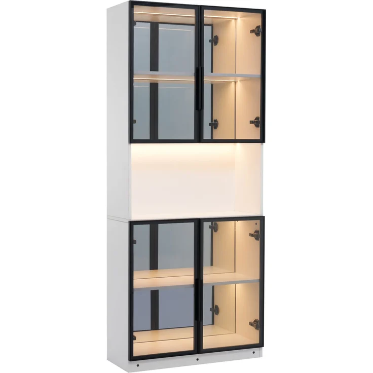 Vitrine 70x30x170 cm in Weiß mit grauen ESG-Glastüren, LED und Spiegelrückwand – Bild 6