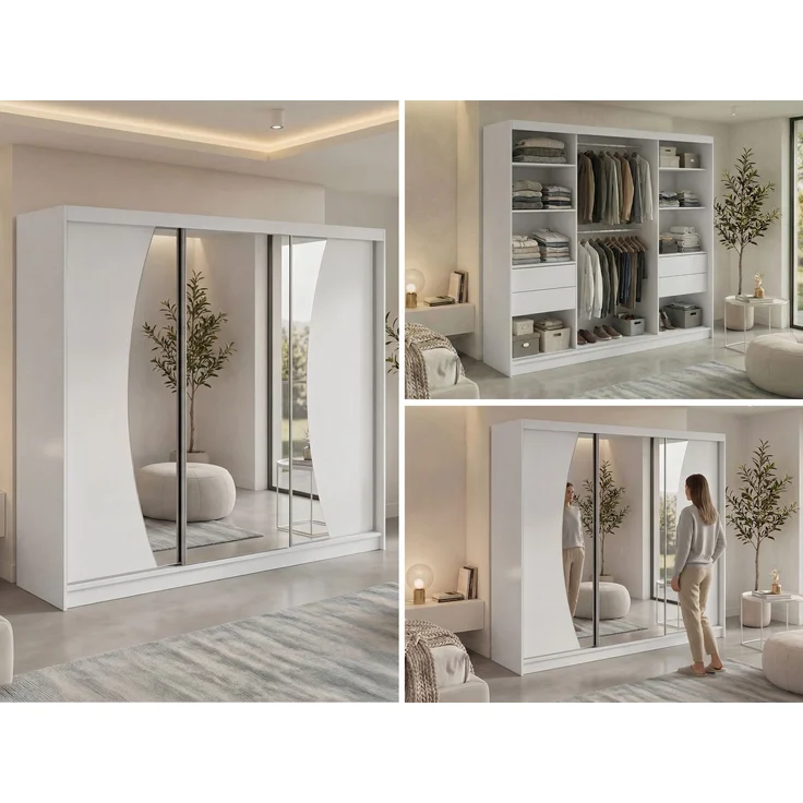 Schwebetürenschrank VERONA mit großer Spiegelfront, moderner Kleiderschrank, Breite 240 cm - Weiß, inkl. Innenausstattung - mit Schubladen – Bild 2