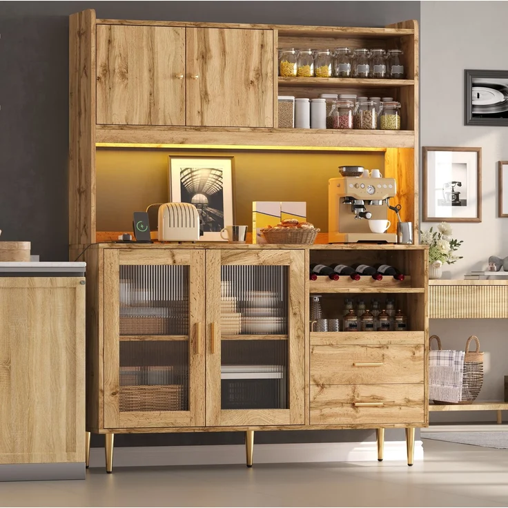 Küchenschrank 130 x 40 x 172 cm in Natur mit RGB-LED-Beleuchtung und ausziehbaren Einlegeböden – Bild 2