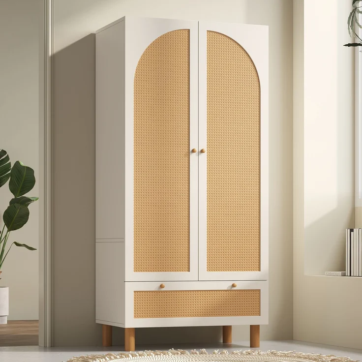 Kleiderschrank Garderobenschrank mit 2 Türen & Rattan, Landhausstil Weiß mit großer Schublade, höhenverstellbaren Regalen & Kleiderstange, Inkl, Kippsicherung, 180x85x52 cm (H/B/T)--Weiß--85.5x52x180.5cm--YOUDENOVA – Bild 9