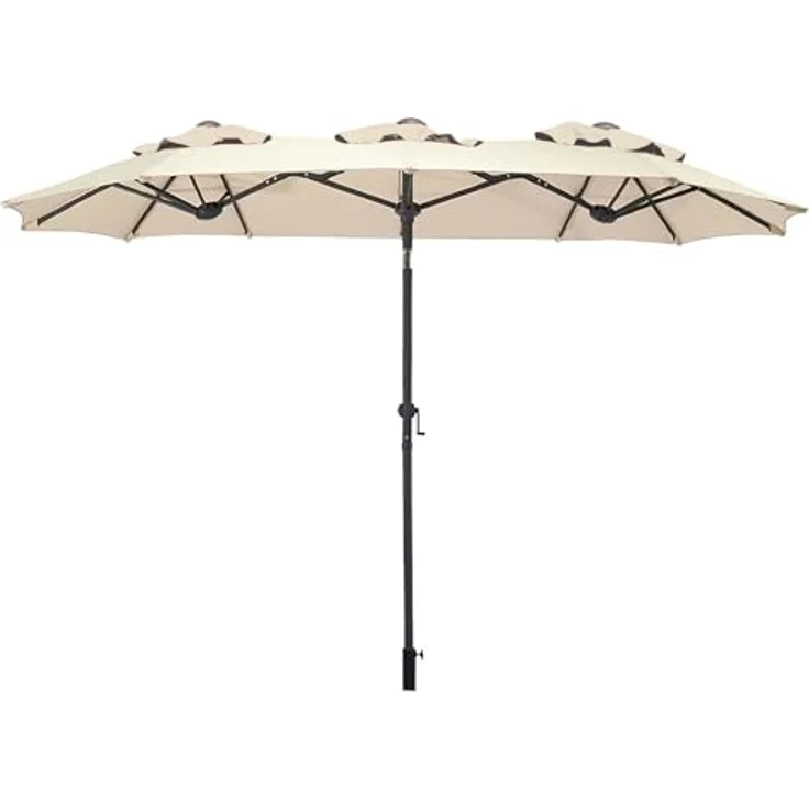 Spetebo Sonnenschirm Doppel Sonnenschirm 300 x 150 cm - natur, LxB: 300.00x150.00 cm, Packung, mit Handkurbel, Drei Kuppel Sonnenschutz Gartenschirm – Bild 2