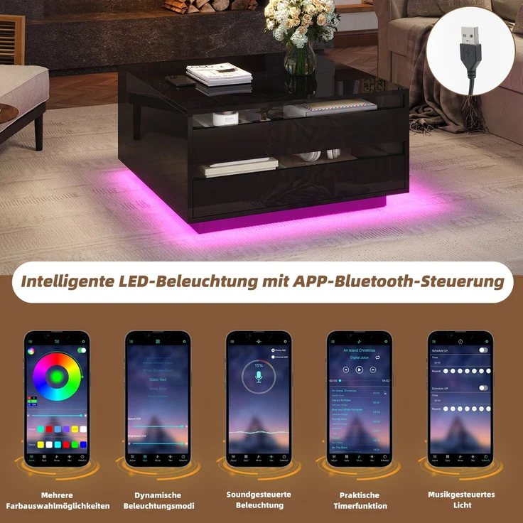 Couchtisch mit Liftfunktion und LED, quadratischer Wohnzimmertisch 70 x 70 x 38 cm, schwarz Hochglanz, Acryl-Perspektivdesign – Bild 7