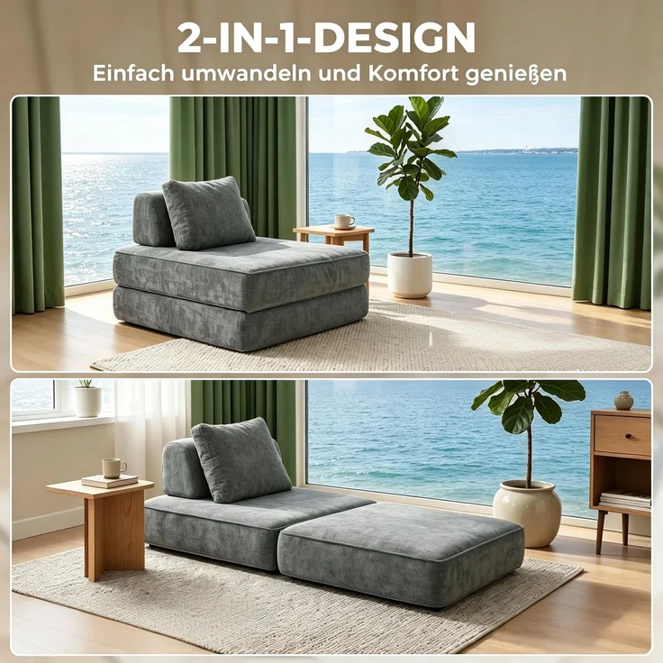 Rayofly-2-in-1 Klappsofa-Bett 1-Sitzer, Chenille-Bezug, dicke Polsterung, mit Tasche und Kissen, H 70cm x T 97cm x B 97cm, Grau – Bild 2