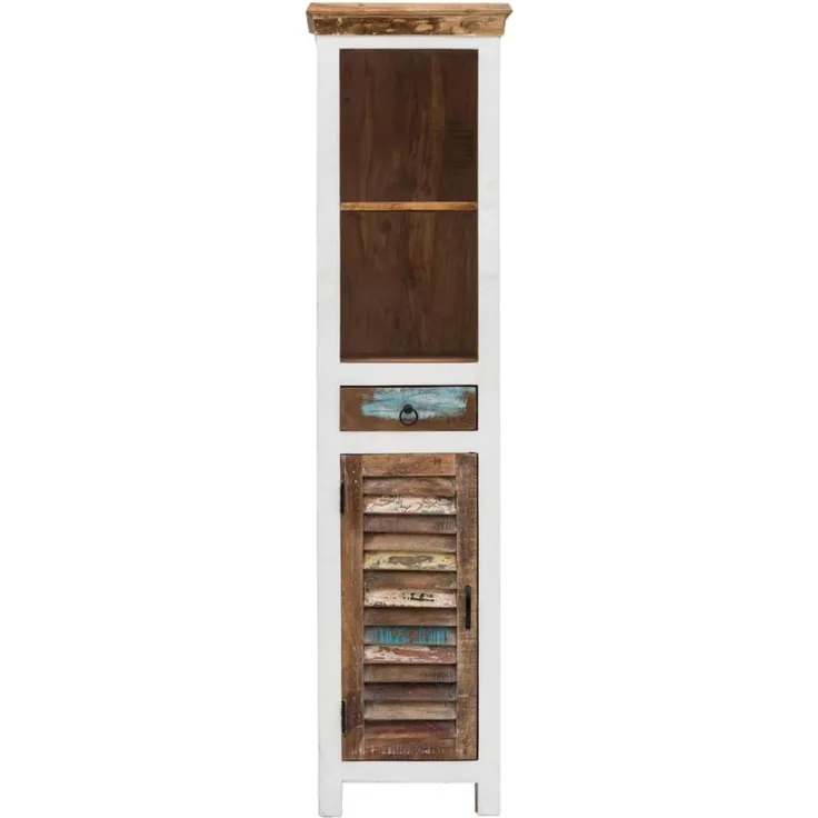 massivum Hochschrank Perth 45x180x43 cm recyceltes Massivholz weiß bunt schmaler Holzschrank Landhausstil Flurschrank Badschrank