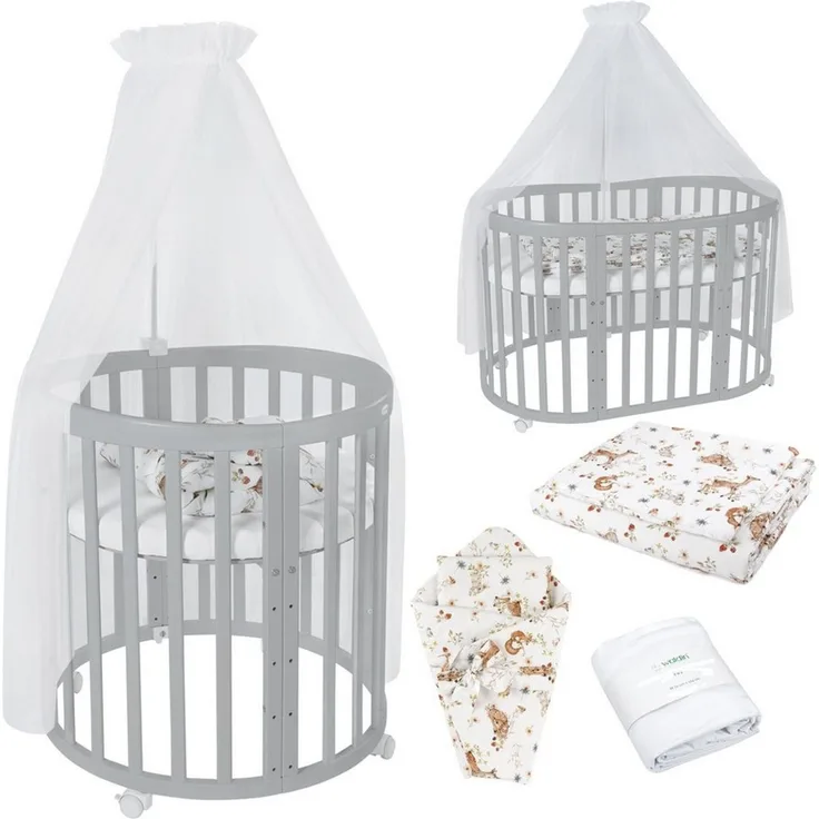 Waldin Babybett Mobiles Babybett OWAL aus Holz 7in1 mit Matratze, mitwachsend