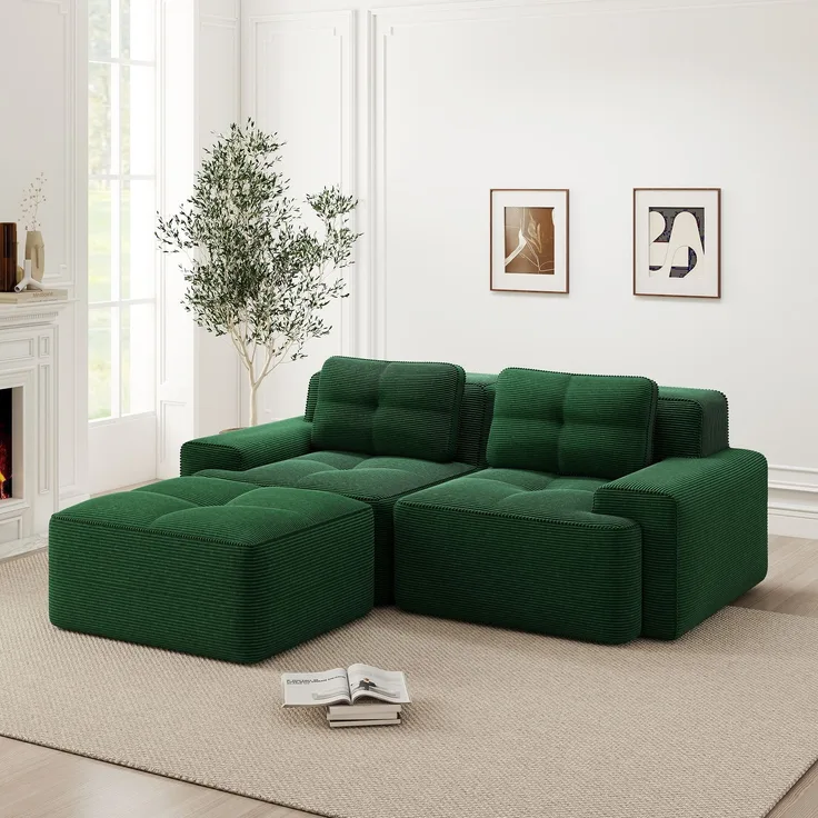 Boneless Modulsofa,Modernes L-förmiges Modulsofa für Wohnzimmer mit Tiefem Sitz bequemes Corduroy-Cloud-Sofa mit Ottoman Getuftetes Zweisitzer-Schlafsofa,Corduroy,Grün,